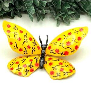 Vintage Yellow Butterfly Brooch Pin With Hand-Painted Red & Black Floral Design